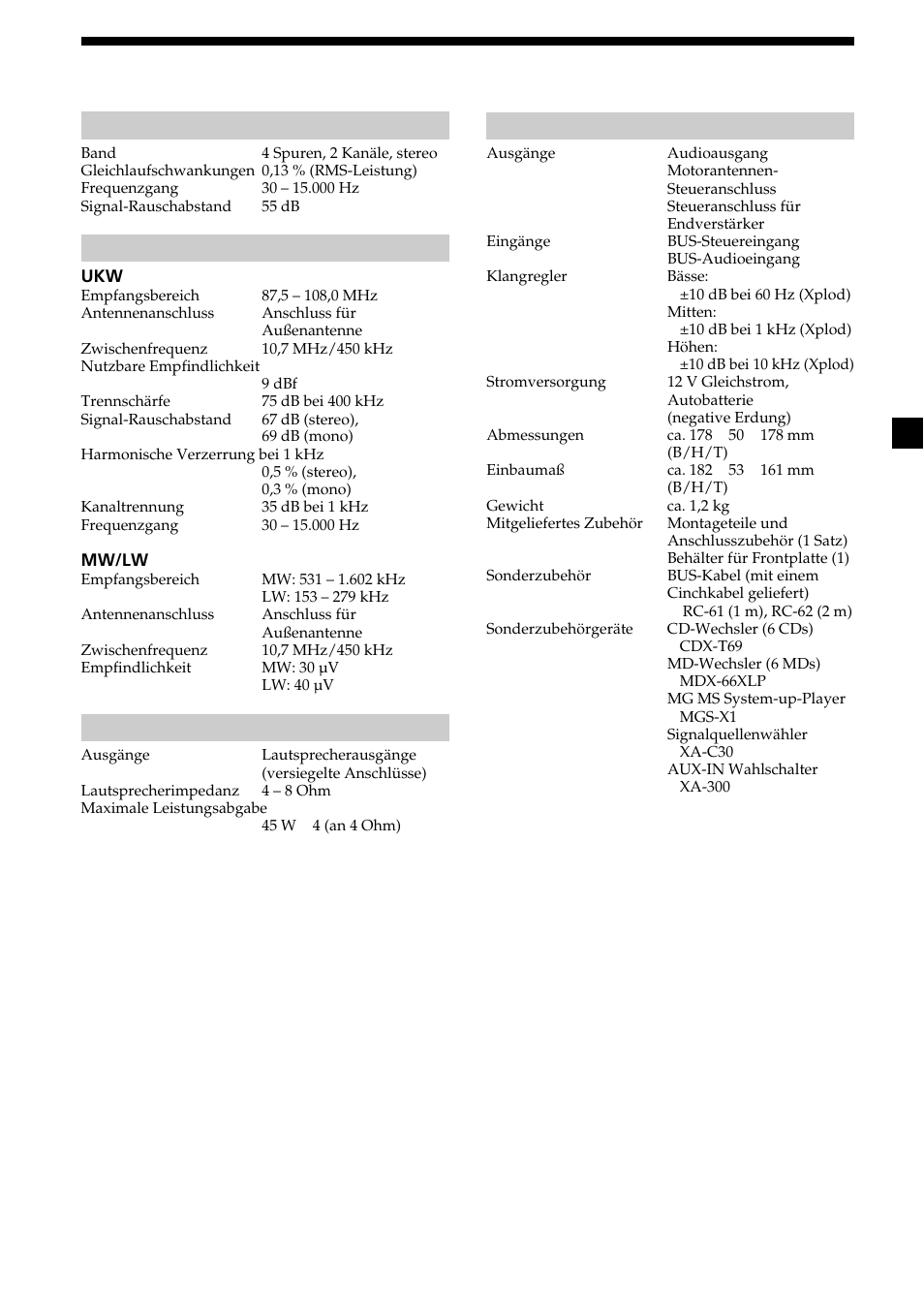 21 technische daten, Kassettendeck, Radio | Endverstärker, Allgemeines | Sony XR-CA370X User Manual | Page 43 / 112