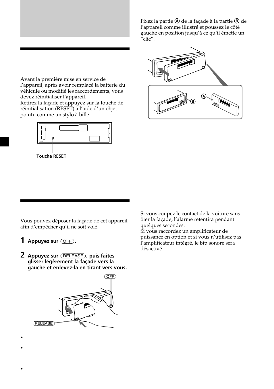 Préparation, Réinitialisation de l’appareil, Dépose de la façade | Sony XR-CA370X User Manual | Page 50 / 112