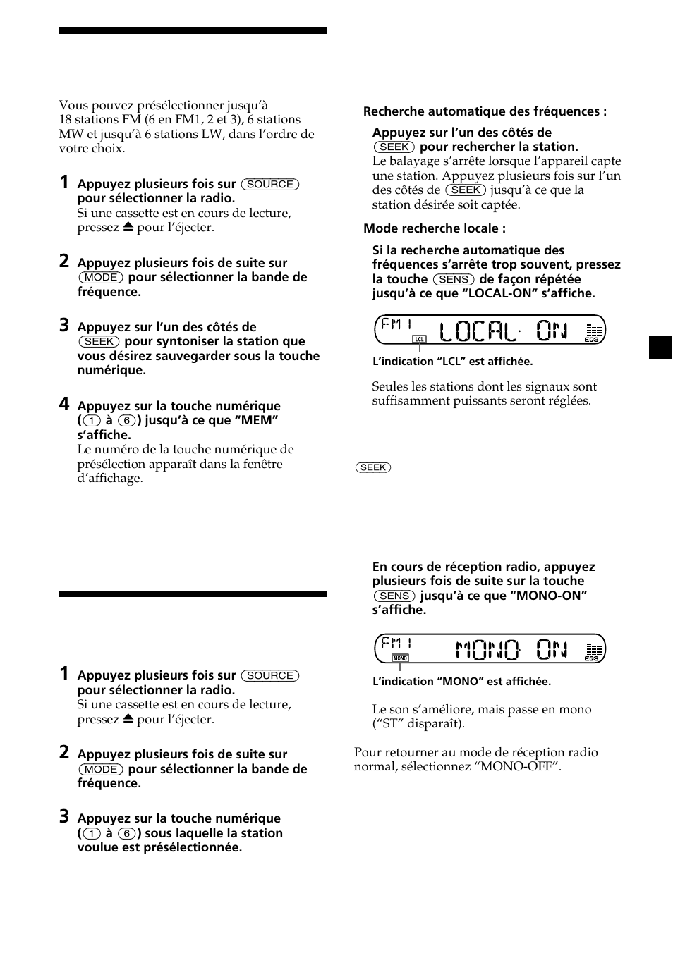 9mémorisation des stations souhaitées uniquement, Réception des stations mémorisées | Sony XR-CA370X User Manual | Page 53 / 112