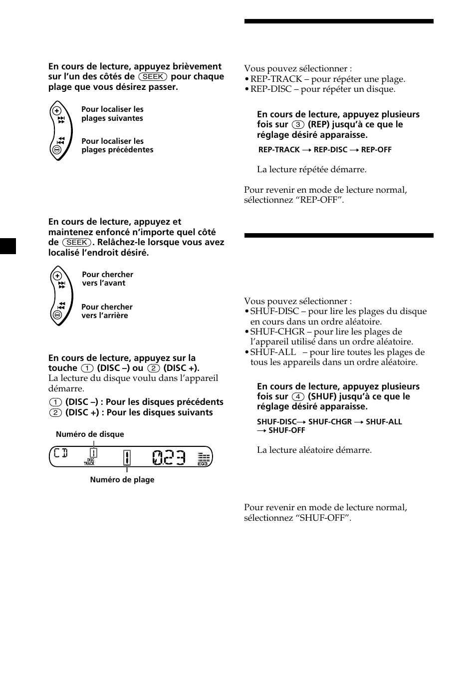 Lecture de plages répétée, Lecture de plages dans un ordre quelconque | Sony XR-CA370X User Manual | Page 62 / 112