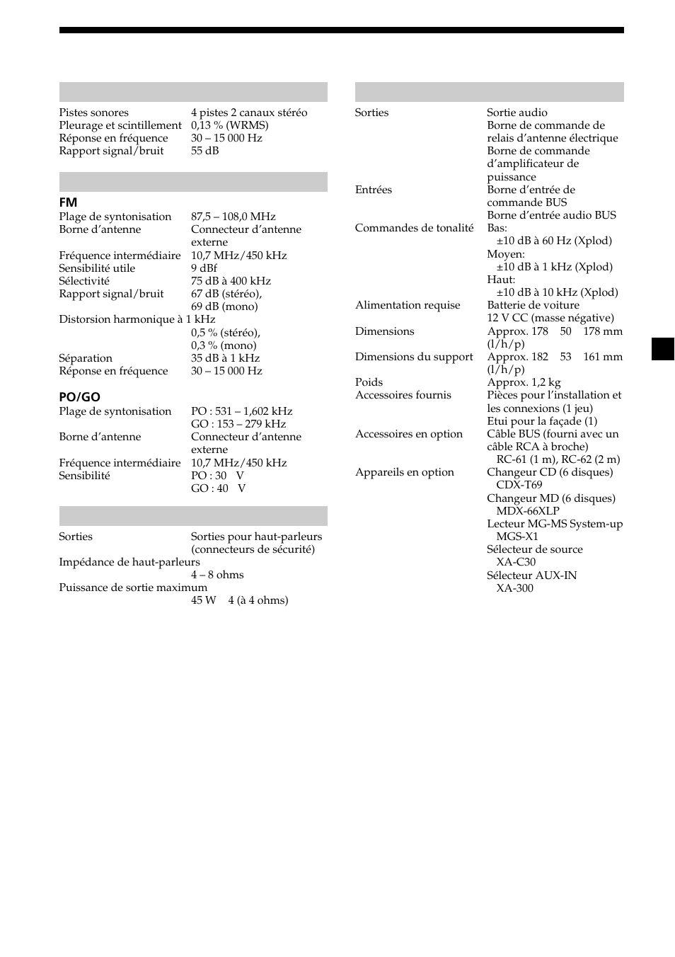 21 spécifications, Lecteur de cassette, Radio | Amplificateur de puissance, Caractéristiques générales | Sony XR-CA370X User Manual | Page 65 / 112