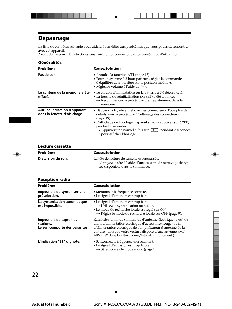Dépannage | Sony XR-CA370X User Manual | Page 66 / 112