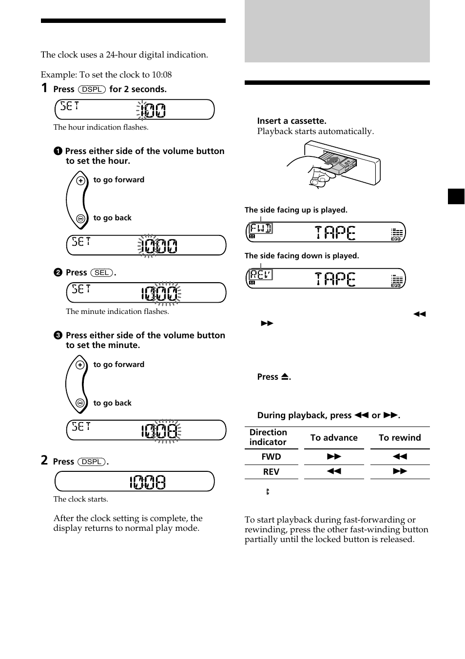 Cassette player, Listening to a tape, Setting the clock | Sony XR-CA370X User Manual | Page 7 / 112