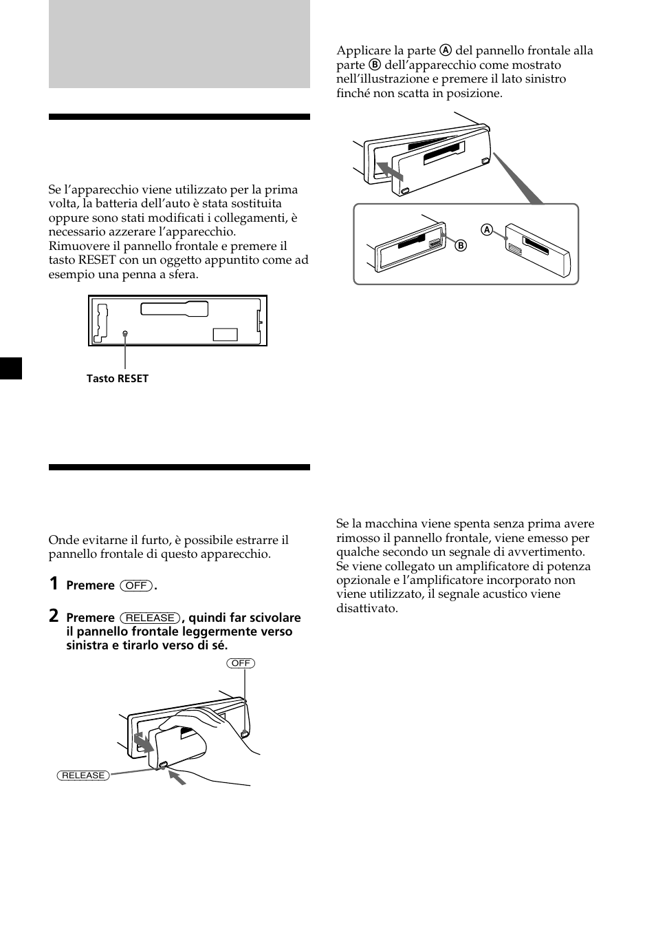 Operazioni preliminari, Azzeramento dell’apparecchio, Estrazione del pannello frontale | Sony XR-CA370X User Manual | Page 72 / 112