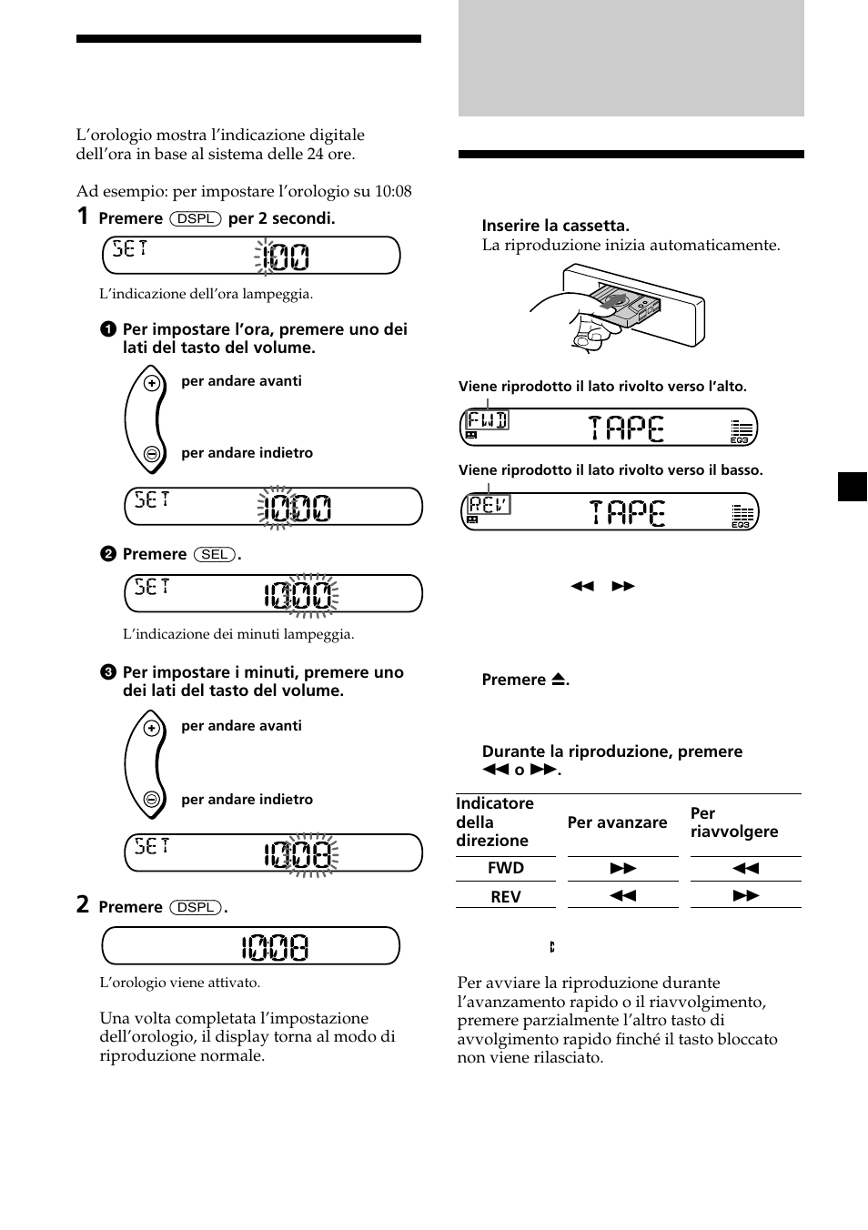 Lettore di cassette, 7impostazione dell’orologio, Ascolto di un nastro | Sony XR-CA370X User Manual | Page 73 / 112