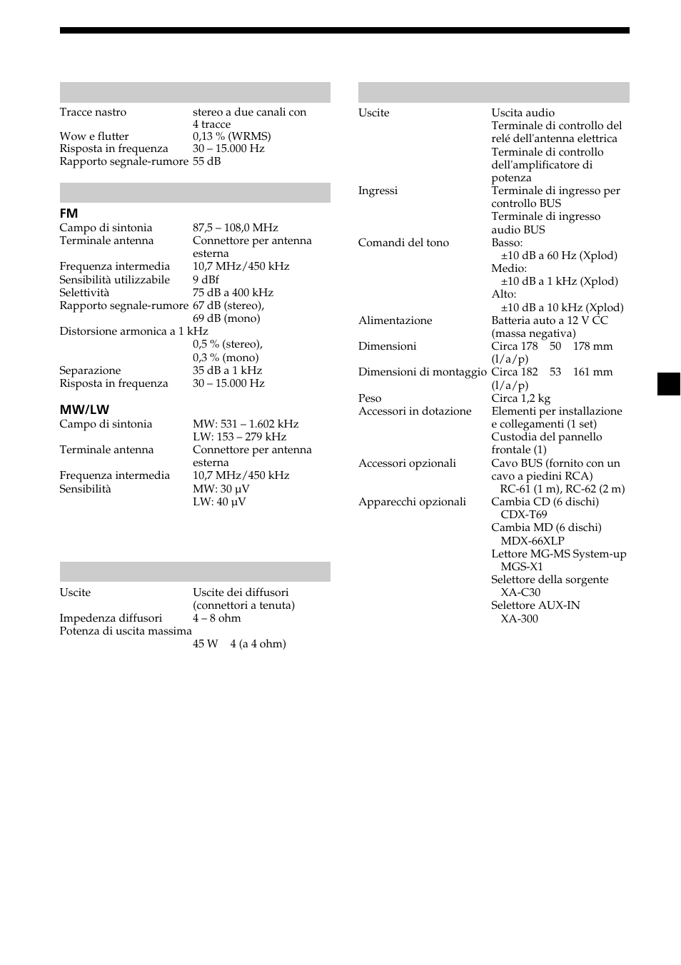 21 caratteristiche tecniche, Lettore di cassette, Sintonizzatore | Amplificatore di potenza, Caratteristiche generali | Sony XR-CA370X User Manual | Page 87 / 112