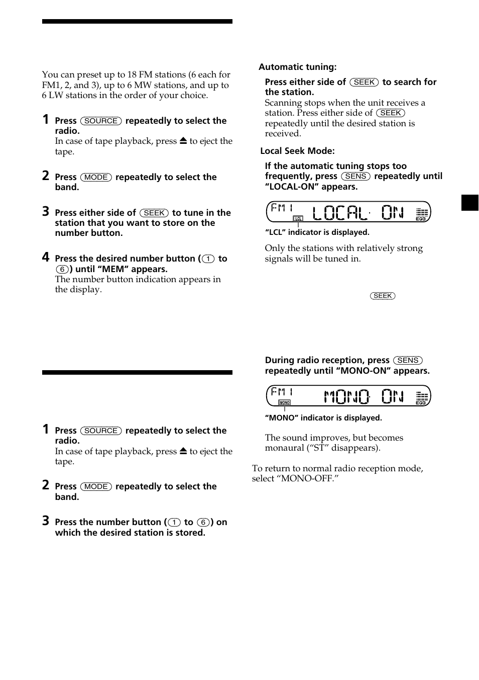 9storing only the desired stations, Receiving the stored stations | Sony XR-CA370X User Manual | Page 9 / 112