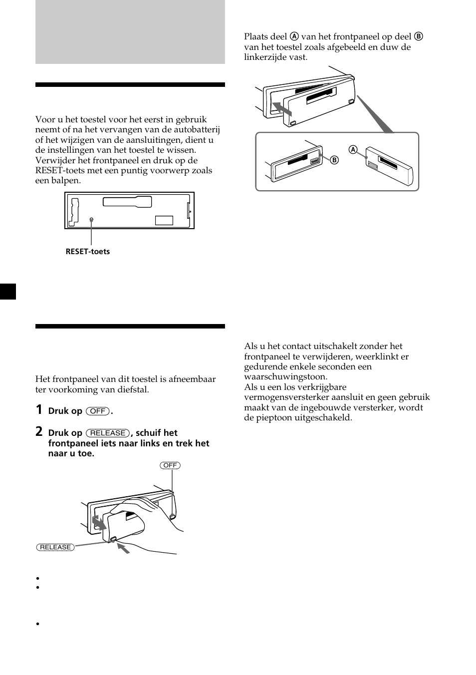 Aan de slag, Instellingen wissen, Het frontpaneel verwijderen | Sony XR-CA370X User Manual | Page 94 / 112