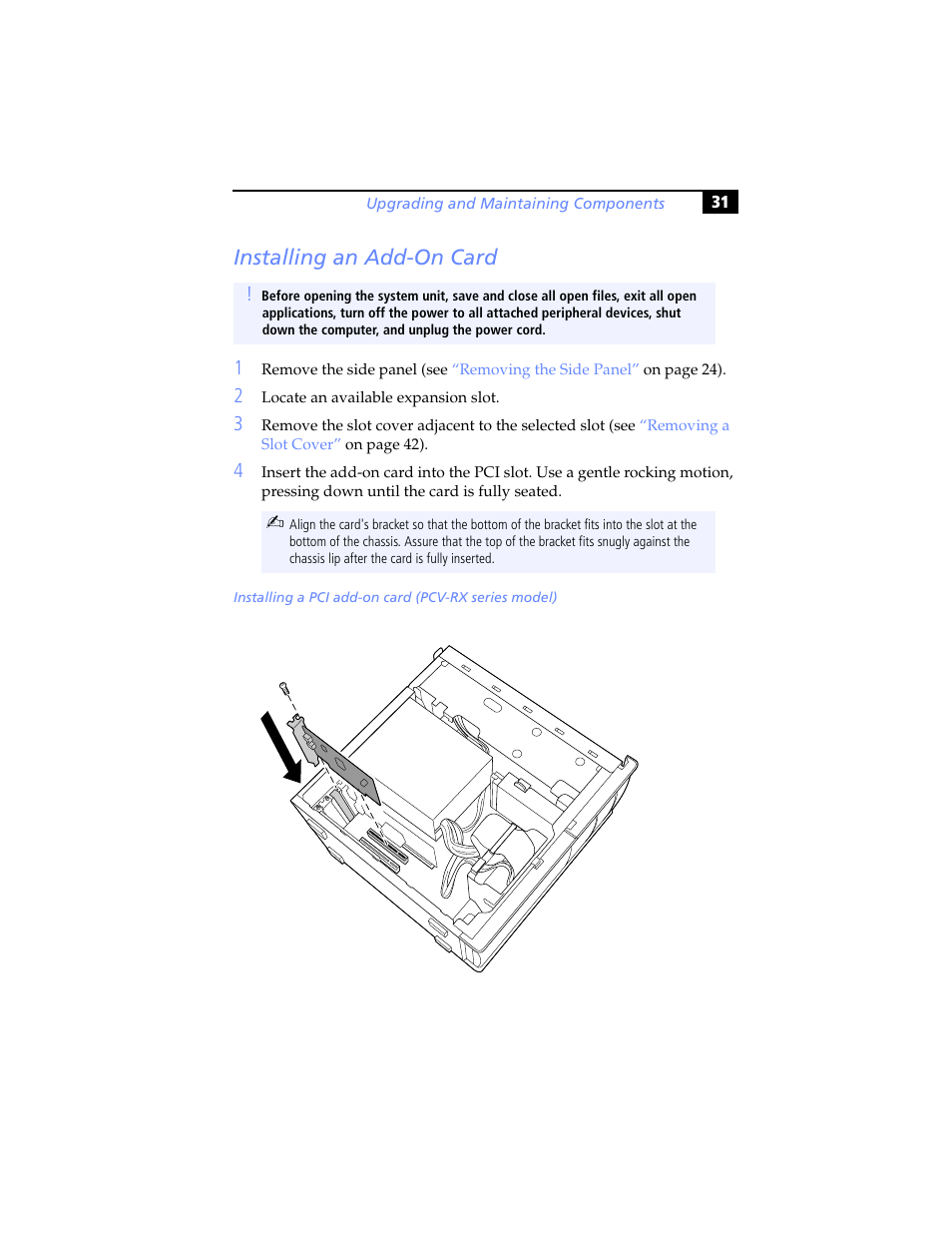 Installing an add-on card | Sony PCV-RXP-RZP User Manual | Page 45 / 100