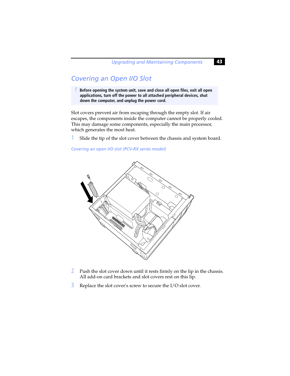 Covering an open i/o slot | Sony PCV-RXP-RZP User Manual | Page 57 / 100