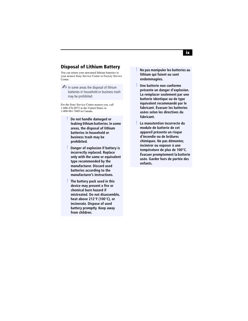 Disposal of lithium battery | Sony PCV-RXP-RZP User Manual | Page 9 / 100