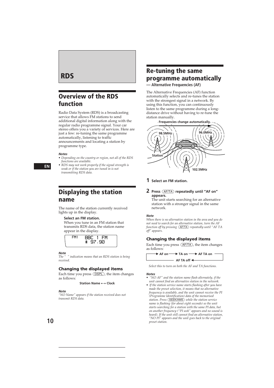 Overview of the rds function, Displaying the station name, Re-tuning the same programme automatically | Sony CDX-C910RDS User Manual | Page 10 / 107
