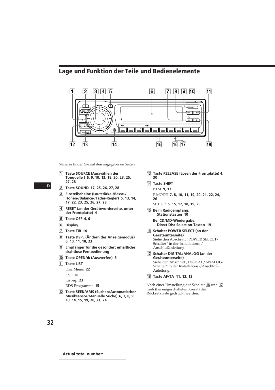 Lage und funktion der teile und bedienelemente, Dactual total number: sony cdx-c910rds (e,f | Sony CDX-C910RDS User Manual | Page 101 / 107