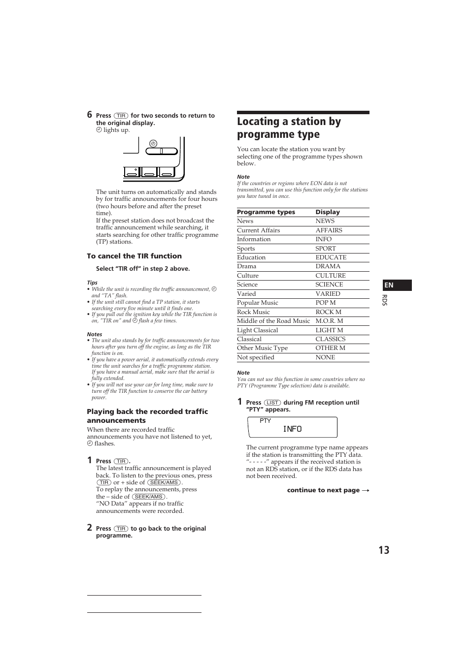 Locating a station by programme type, Info | Sony CDX-C910RDS User Manual | Page 13 / 107