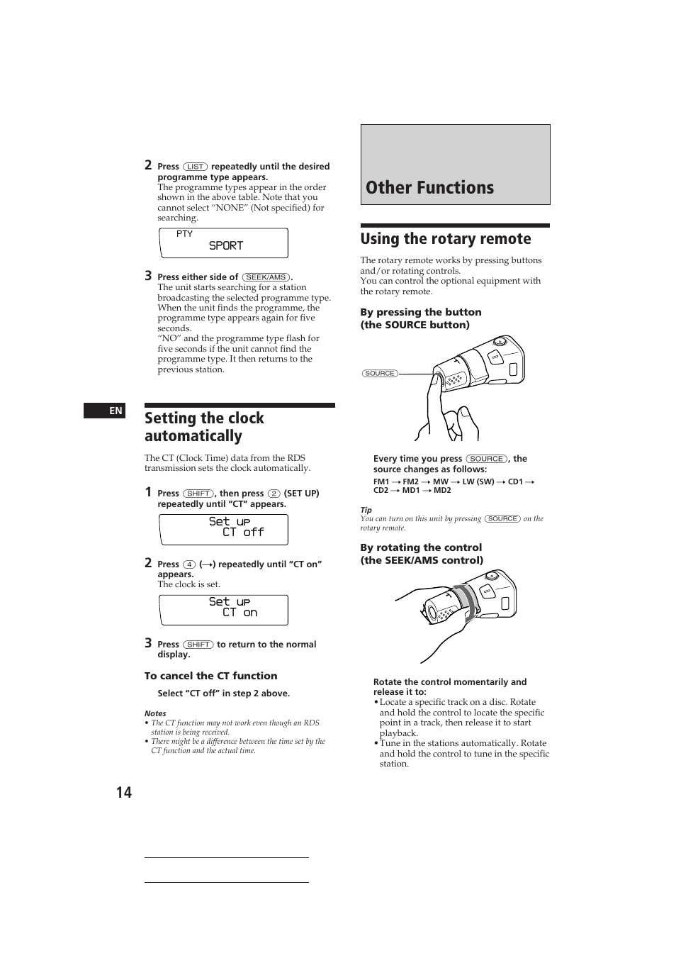 Other functions, Setting the clock automatically, Using the rotary remote | Sony CDX-C910RDS User Manual | Page 14 / 107