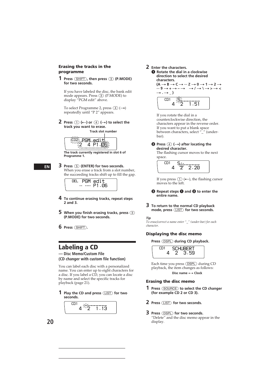 Labeling a cd, Pgm edit p1.‚6, Pgm edit 2 4 p1.‚6 | S 2 1.51, S 2 2.2 | Sony CDX-C910RDS User Manual | Page 20 / 107