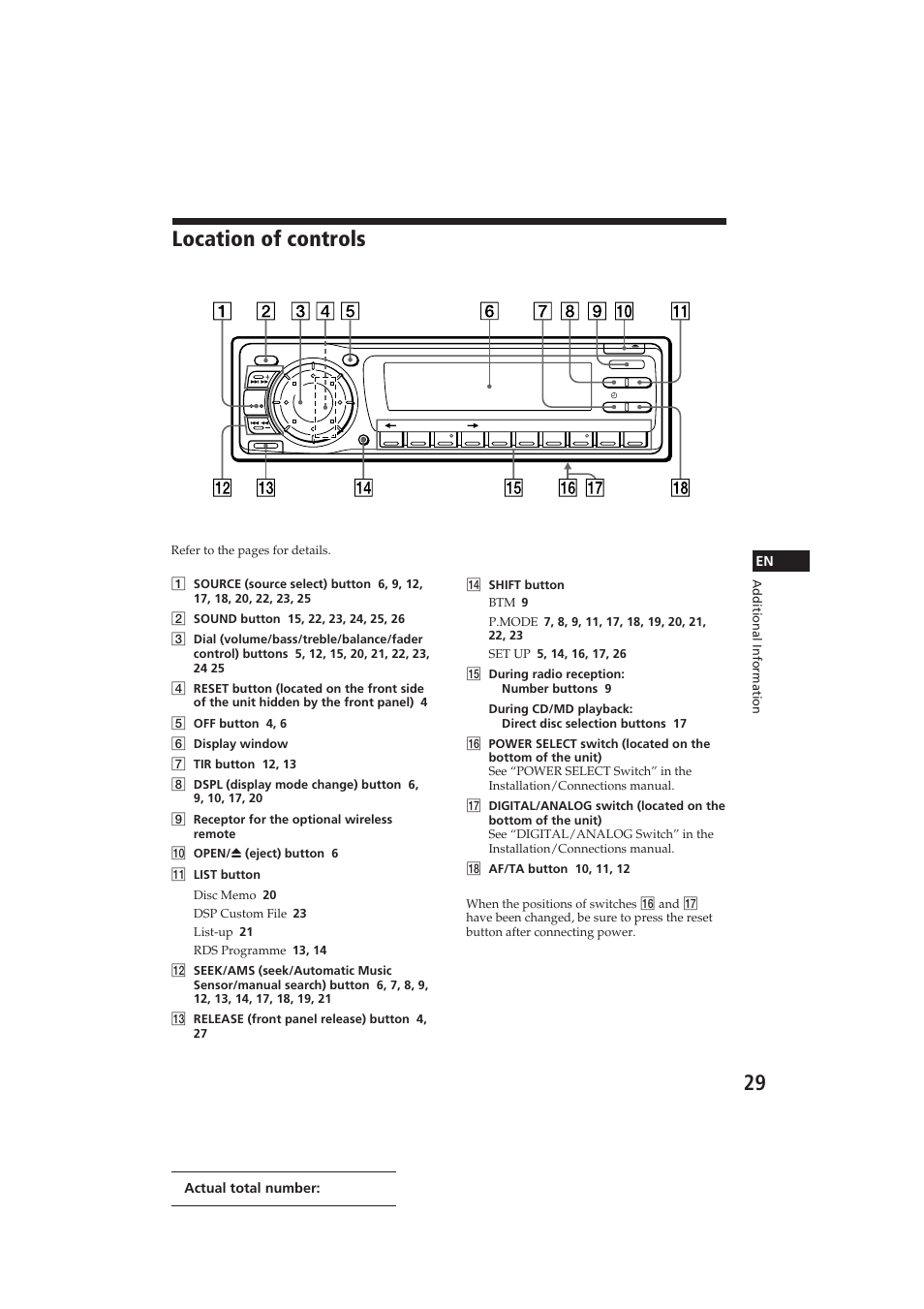 Location of controls | Sony CDX-C910RDS User Manual | Page 29 / 107