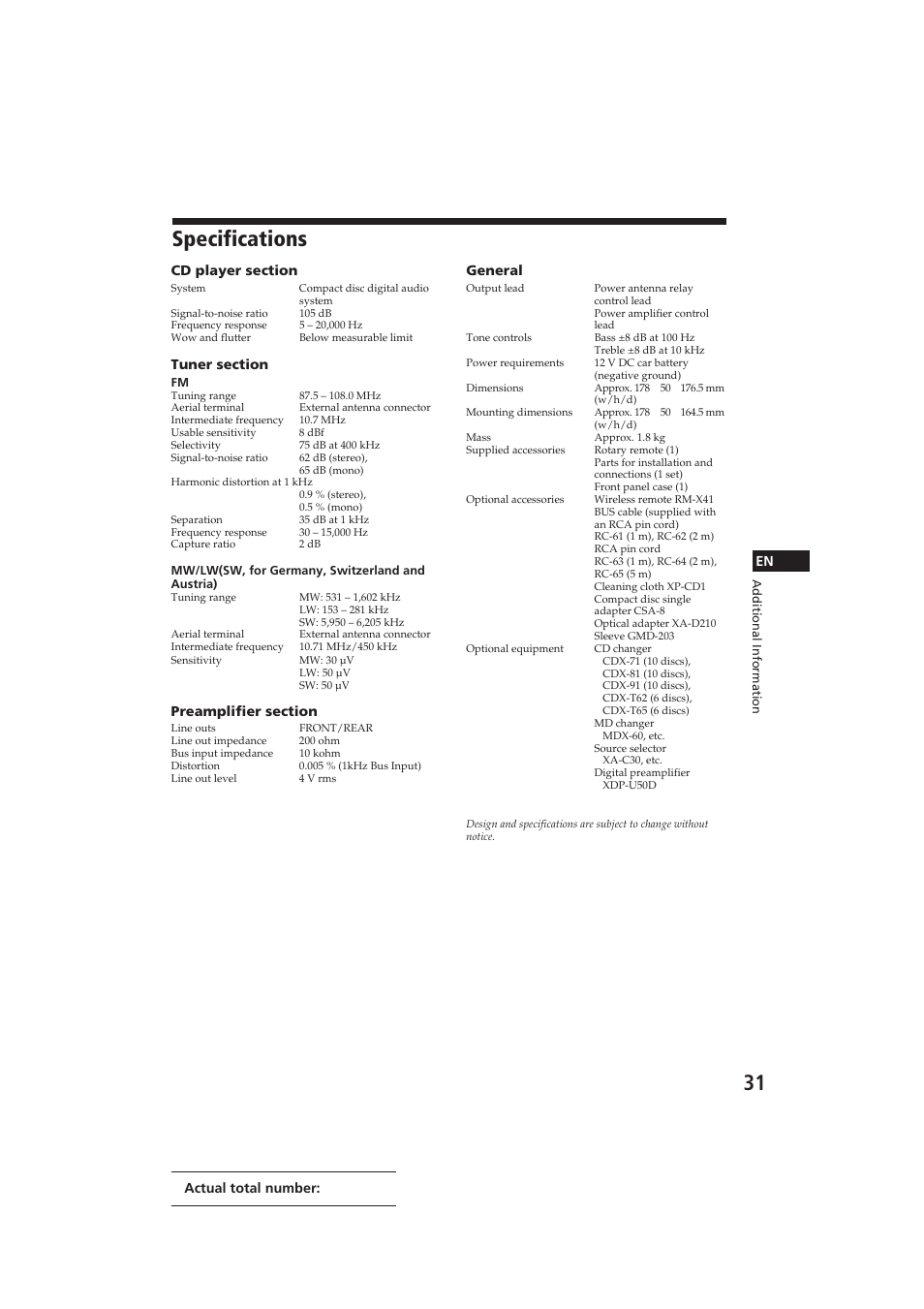 Specifications | Sony CDX-C910RDS User Manual | Page 31 / 107