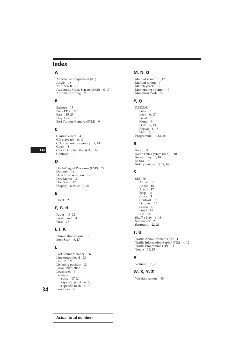 Index | Sony CDX-C910RDS User Manual | Page 34 / 107