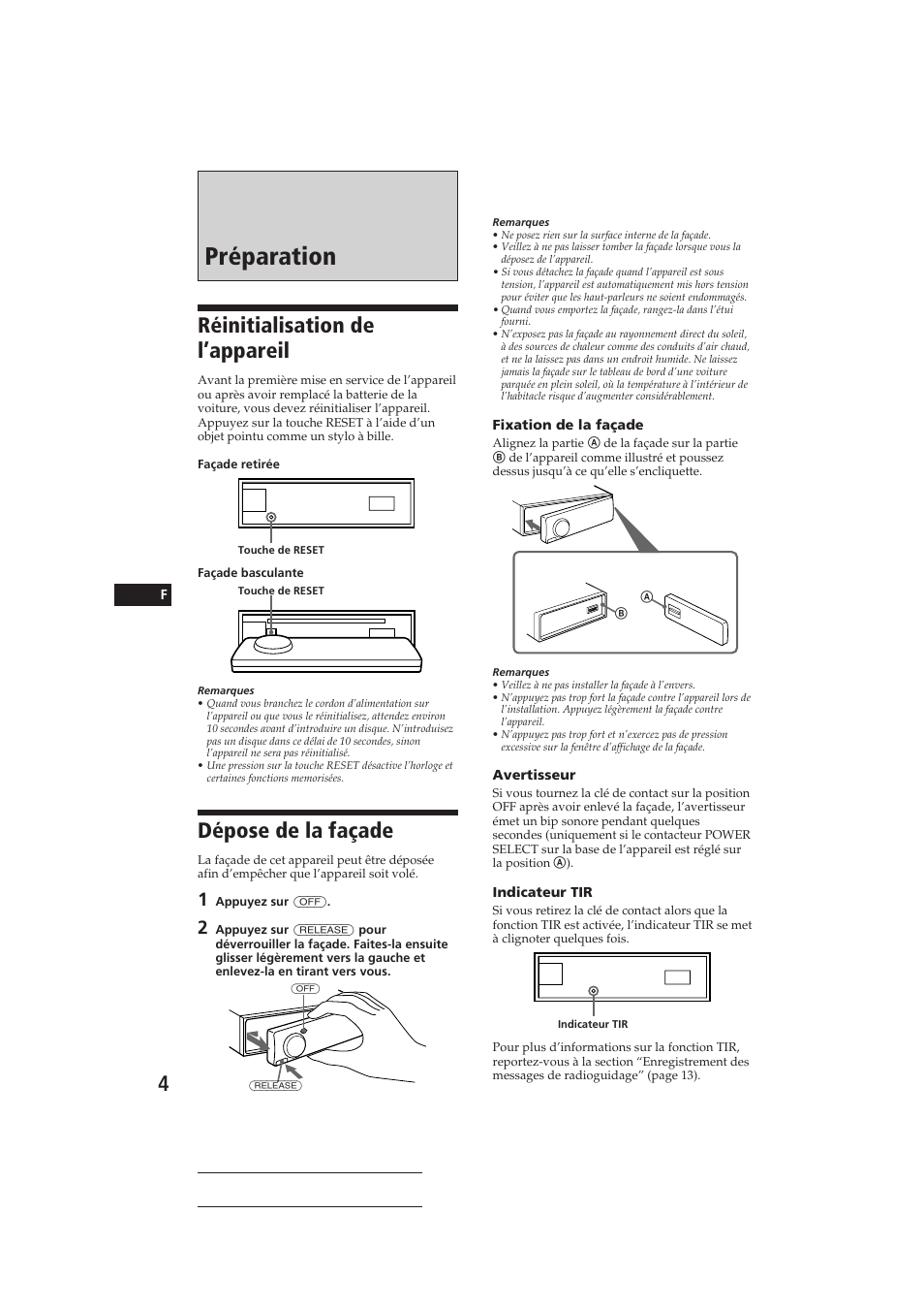Préparation, Réinitialisation de l’appareil, Dépose de la façade | Sony CDX-C910RDS User Manual | Page 37 / 107