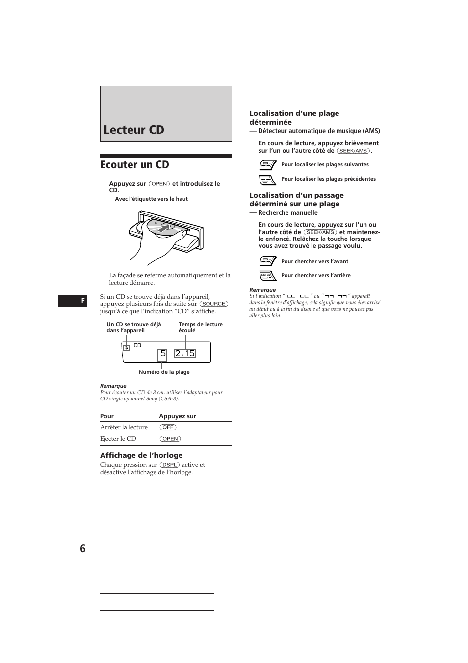 Lecteur cd, Ecouter un cd | Sony CDX-C910RDS User Manual | Page 39 / 107