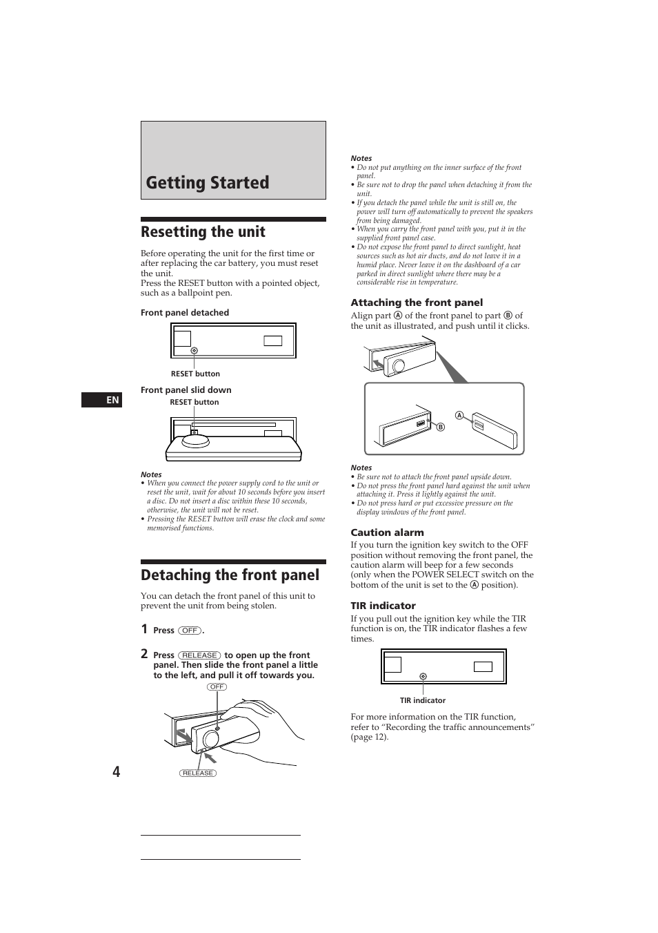 Getting started, Resetting the unit, Detaching the front panel | Sony CDX-C910RDS User Manual | Page 4 / 107