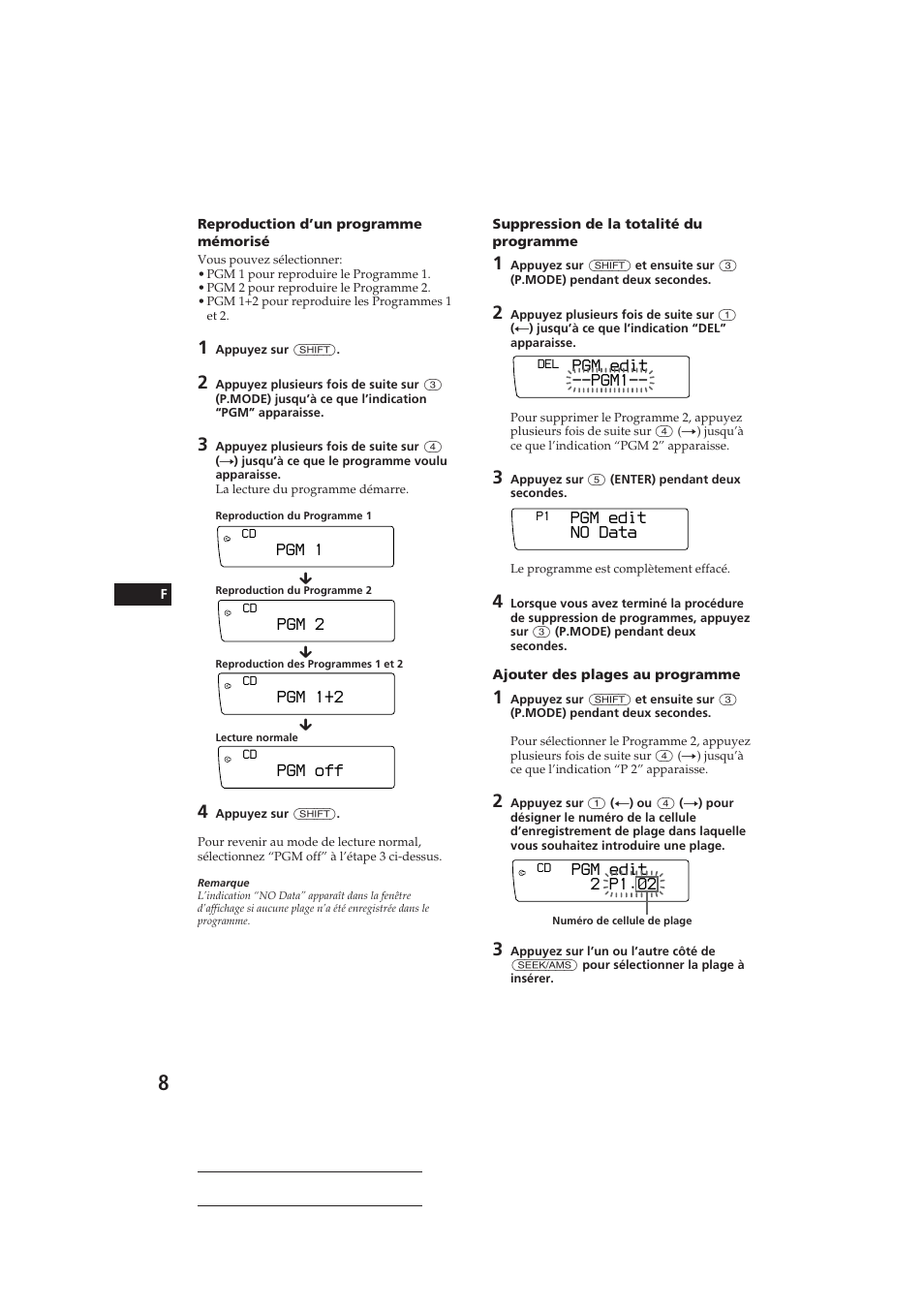 Pgm 2, Pgm 1+2, Pgm off | Pgm 1, Pgm edit --pgm1, Pgm edit 2 p1.‚2, Pgm edit no data | Sony CDX-C910RDS User Manual | Page 41 / 107