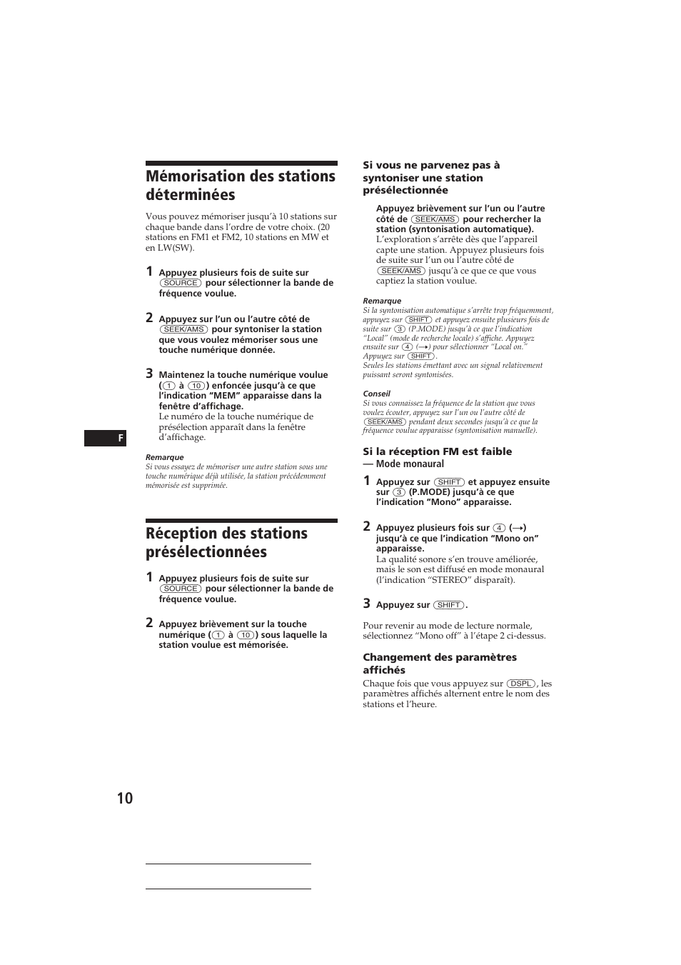 Mémorisation des stations déterminées, Réception des stations présélectionnées | Sony CDX-C910RDS User Manual | Page 43 / 107