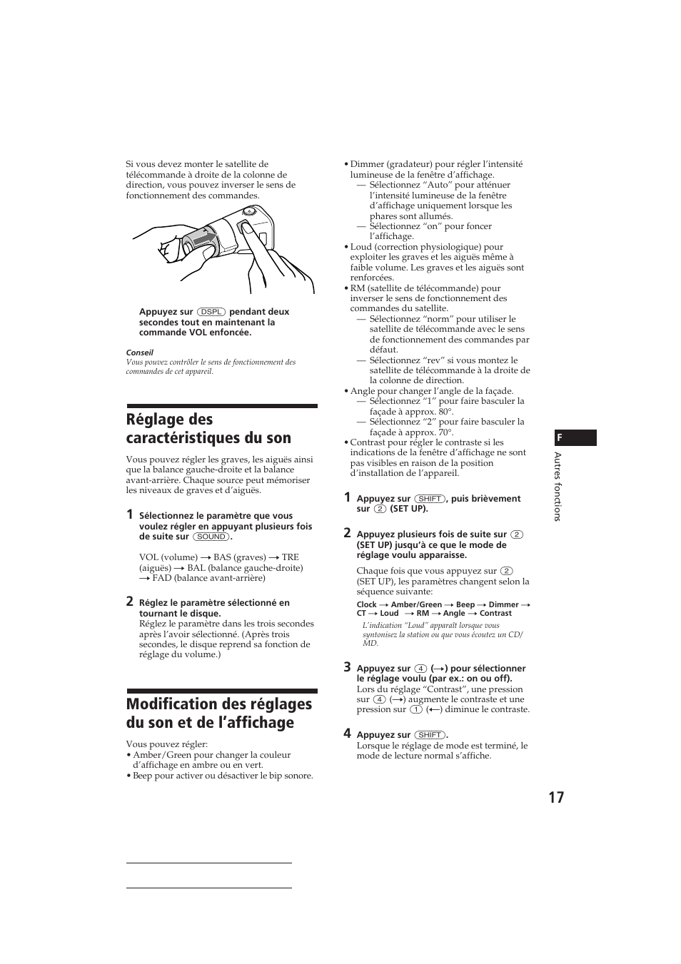 Réglage des caractéristiques du son, Modification des réglages du son et de l’affichage | Sony CDX-C910RDS User Manual | Page 50 / 107