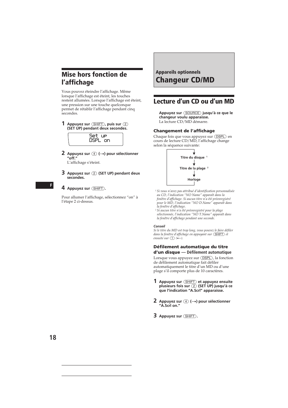 Changeur cd/md, Mise hors fonction de l’affichage, Lecture d’un cd ou d’un md | Sony CDX-C910RDS User Manual | Page 51 / 107