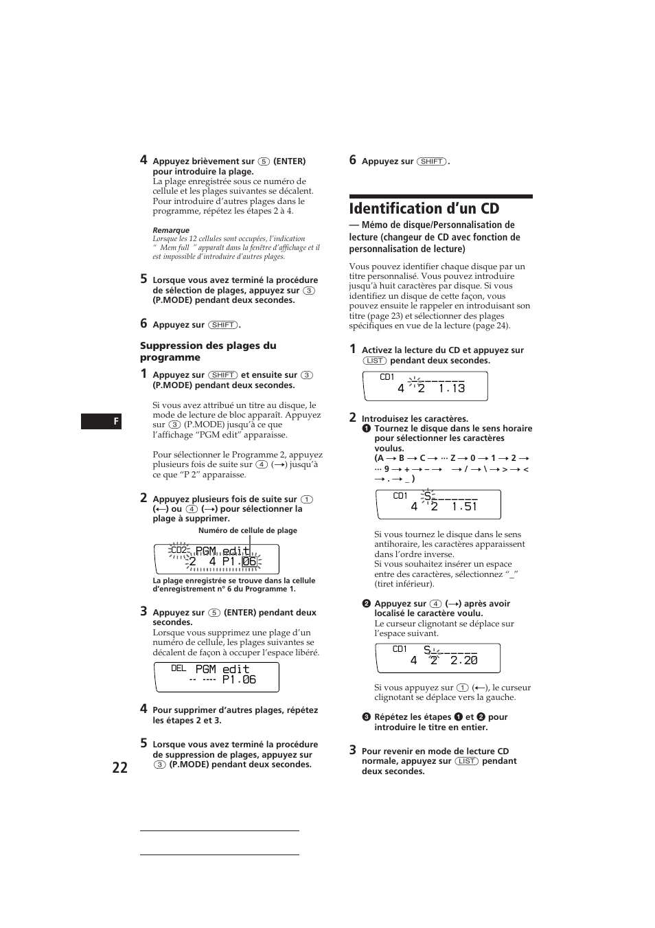 Identification d’un cd, Pgm edit p1.‚6, Pgm edit 2 4 p1.‚6 | S 2 1.51, S 2 2.2 | Sony CDX-C910RDS User Manual | Page 55 / 107