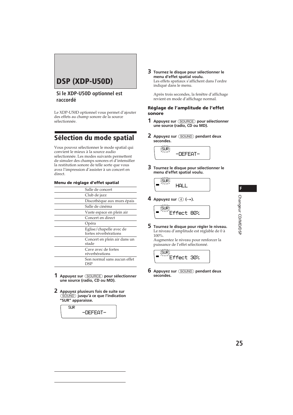 Dsp (xdp-u50d), Sélection du mode spatial, Si le xdp-u50d optionnel est raccordé | Sony CDX-C910RDS User Manual | Page 58 / 107