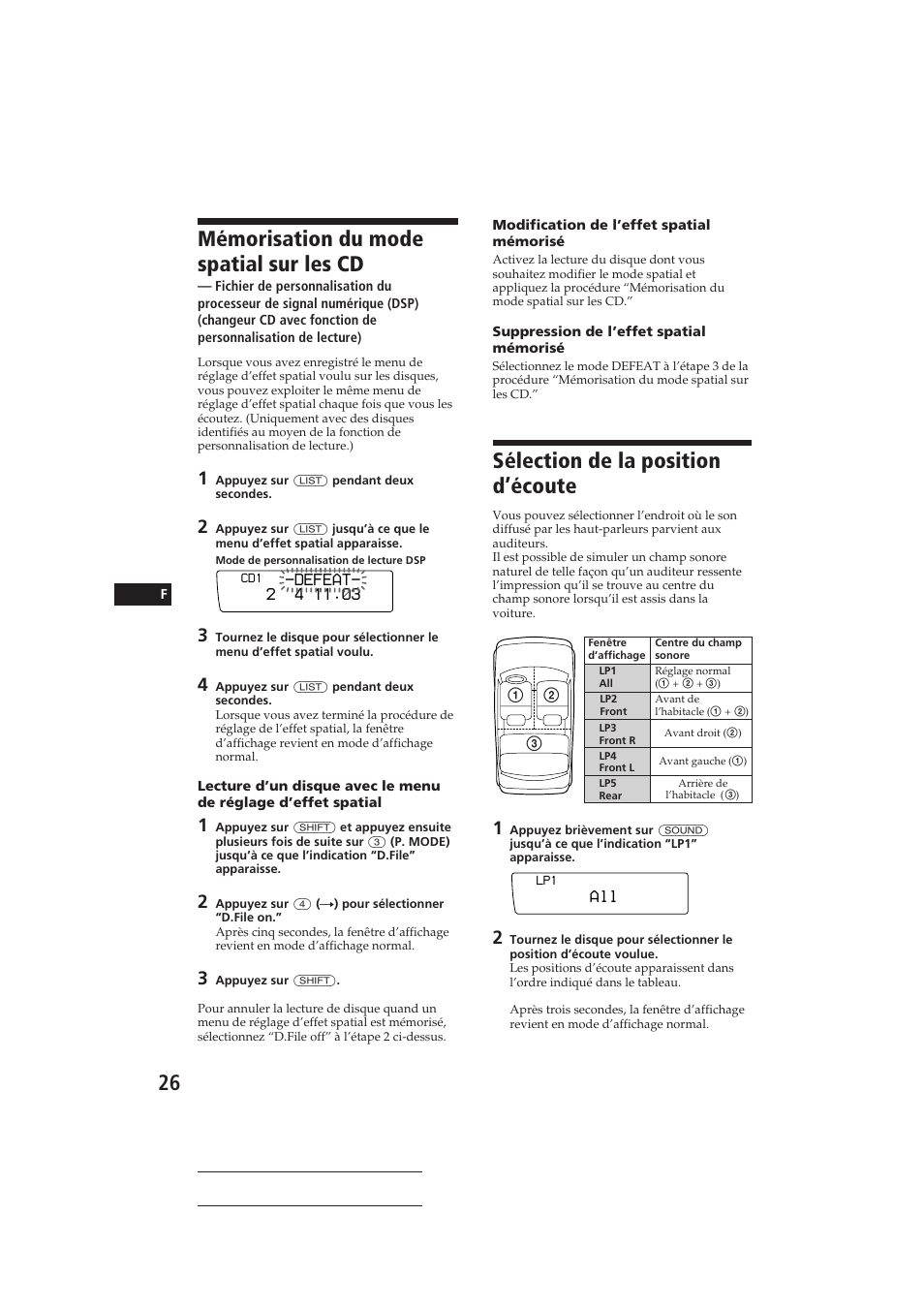 Sélection de la position d’écoute, Mémorisation du mode spatial sur les cd | Sony CDX-C910RDS User Manual | Page 59 / 107
