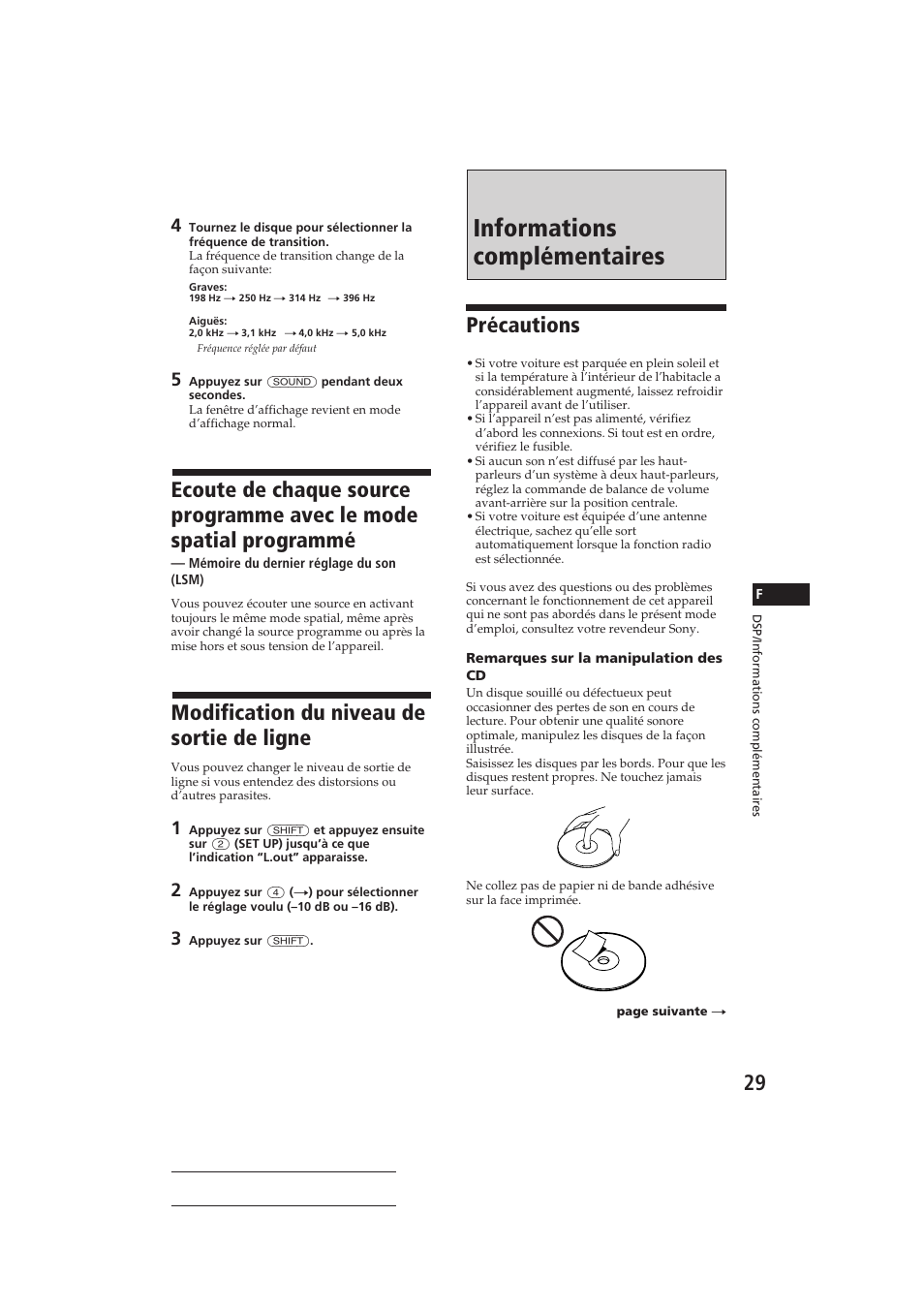 Informations complémentaires, Modification du niveau de sortie de ligne, Précautions | Sony CDX-C910RDS User Manual | Page 62 / 107