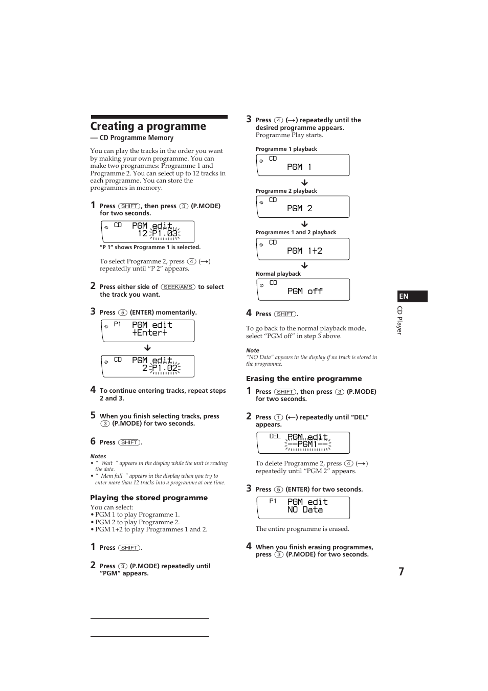 Creating a programme, Pgm edit 12 p1.‚3, Pgm edit 2 p1.‚2 | Pgm edit +enter, Pgm 1, Pgm 2, Pgm 1+2, Pgm off, Pgm edit --pgm1, Pgm edit no data | Sony CDX-C910RDS User Manual | Page 7 / 107