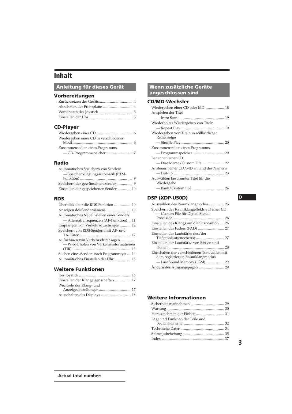 Inhalt | Sony CDX-C910RDS User Manual | Page 72 / 107
