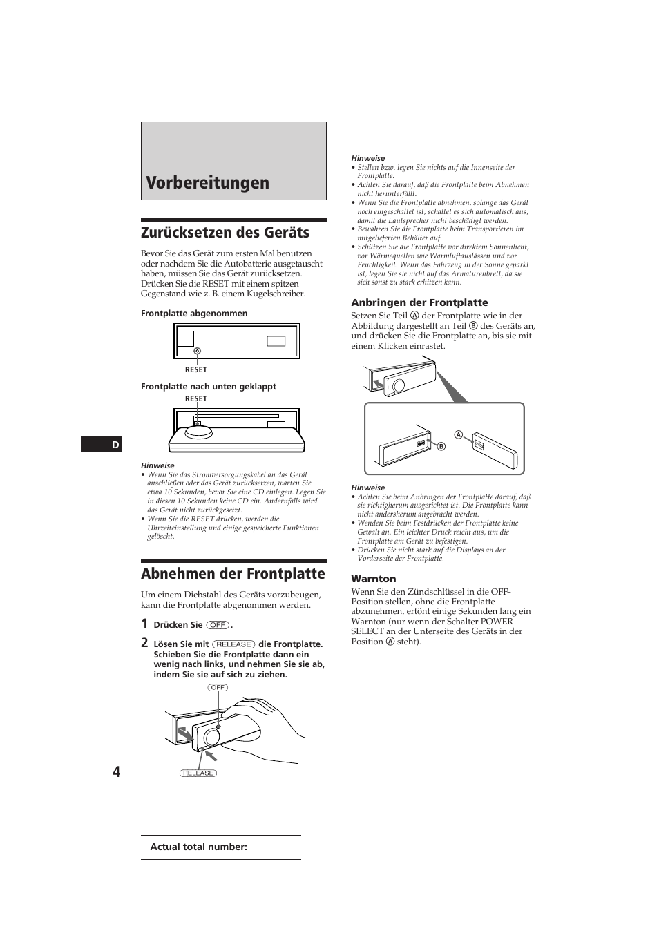 Vorbereitungen, Zurücksetzen des geräts, Abnehmen der frontplatte | Sony CDX-C910RDS User Manual | Page 73 / 107