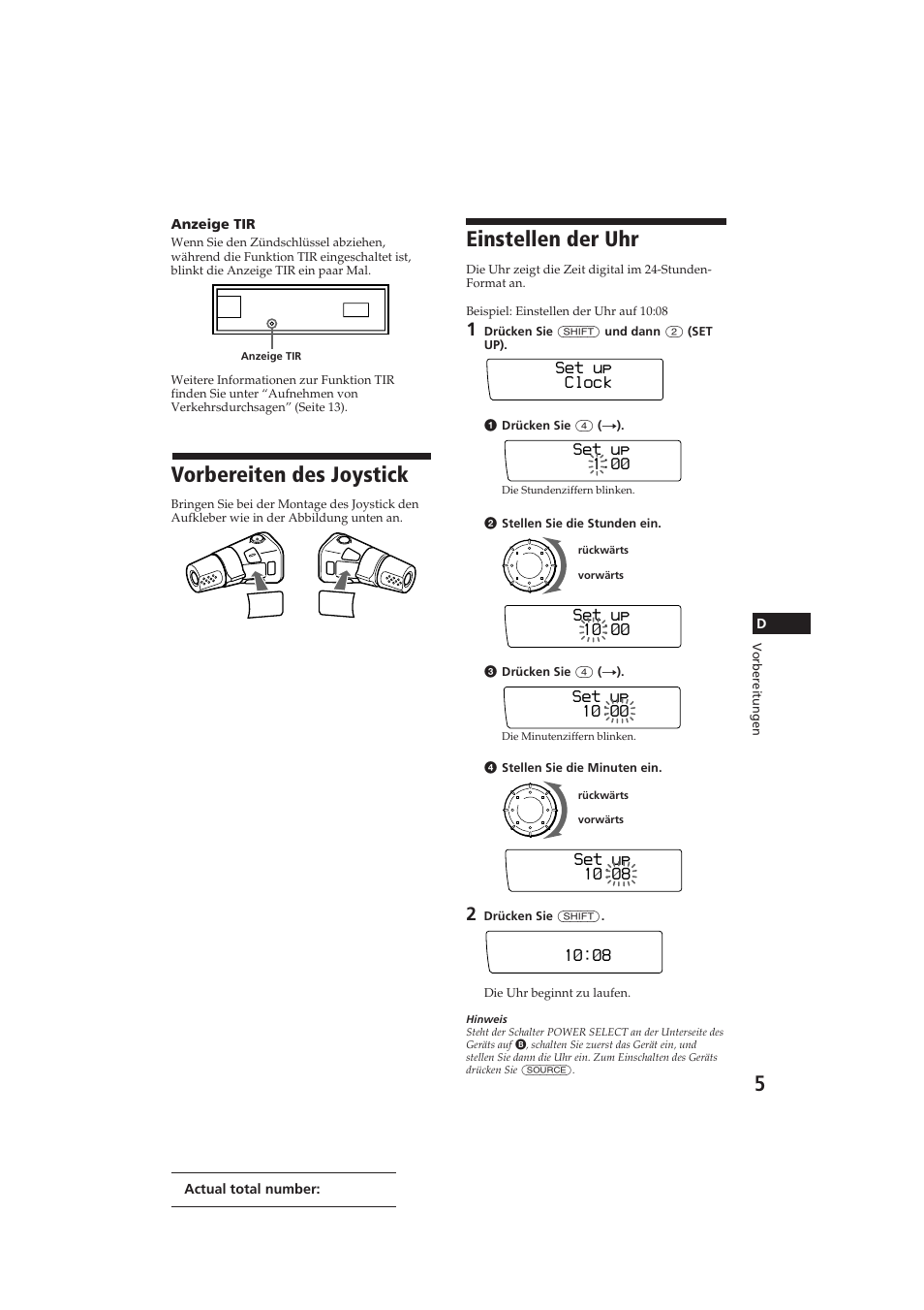 Vorbereiten des joystick, Einstellen der uhr, Set up clock | Set up 1, Set up 1‚:‚8 | Sony CDX-C910RDS User Manual | Page 74 / 107