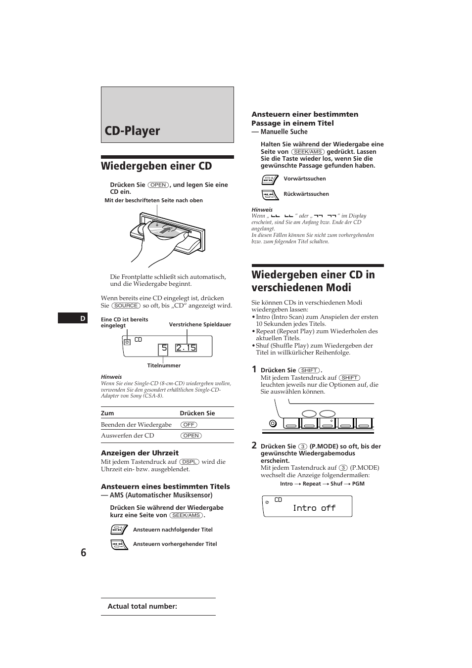 Cd-player, Wiedergeben einer cd, Wiedergeben einer cd in verschiedenen modi | Intro off | Sony CDX-C910RDS User Manual | Page 75 / 107