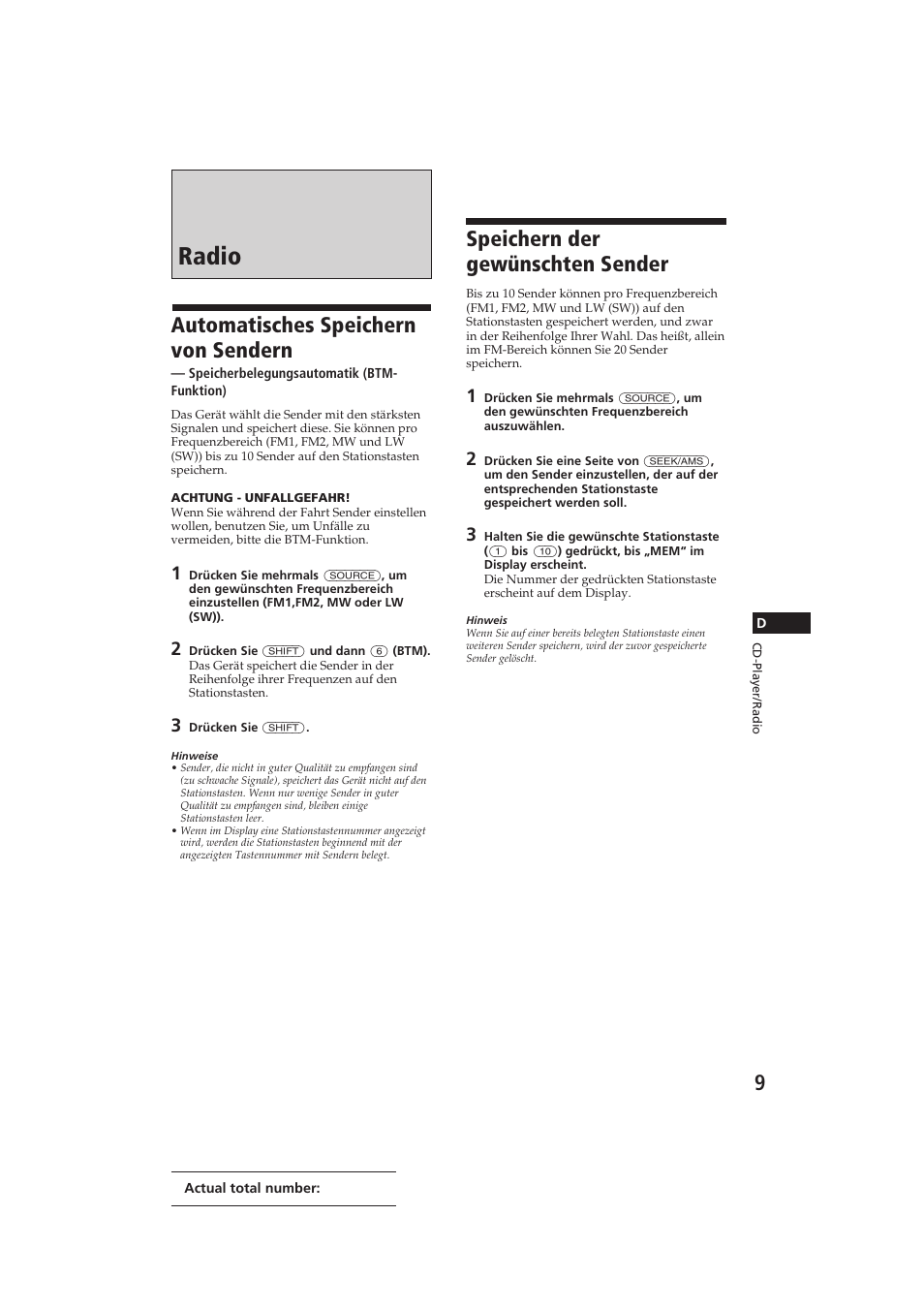 Radio, Automatisches speichern von sendern, Speichern der gewünschten sender | Sony CDX-C910RDS User Manual | Page 78 / 107