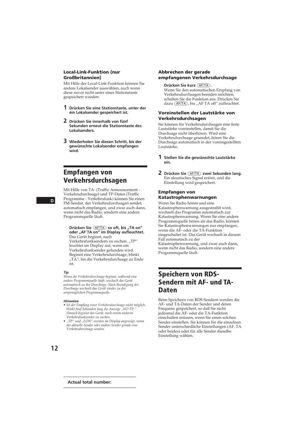 Empfangen von verkehrsdurchsagen, Speichern von rds- sendern mit af- und ta- daten | Sony CDX-C910RDS User Manual | Page 81 / 107