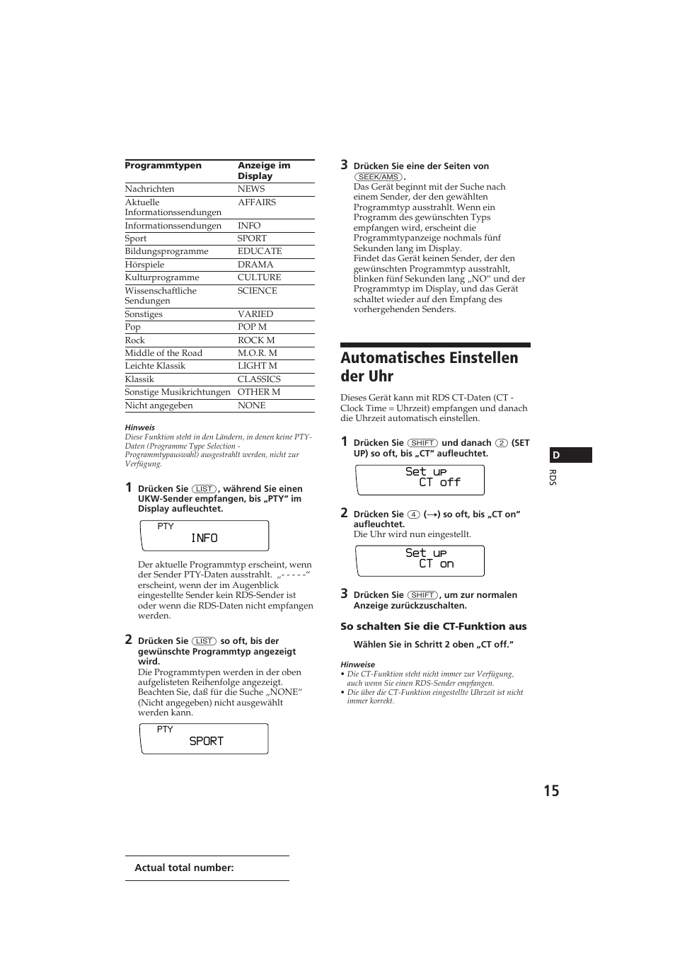 Automatisches einstellen der uhr, Info, Sport | Set up ct off, Set up ct on | Sony CDX-C910RDS User Manual | Page 84 / 107