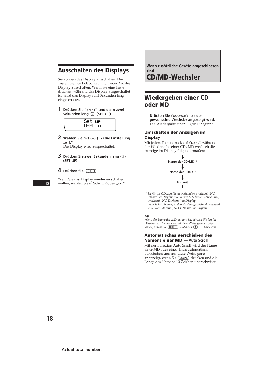 Cd/md-wechsler, Ausschalten des displays, Wiedergeben einer cd oder md | Sony CDX-C910RDS User Manual | Page 87 / 107