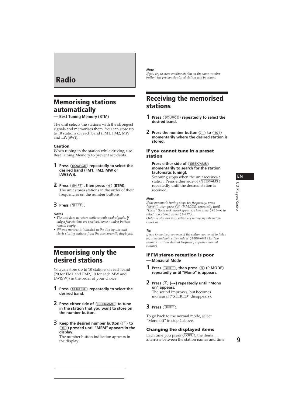 Radio | Sony CDX-C910RDS User Manual | Page 9 / 107