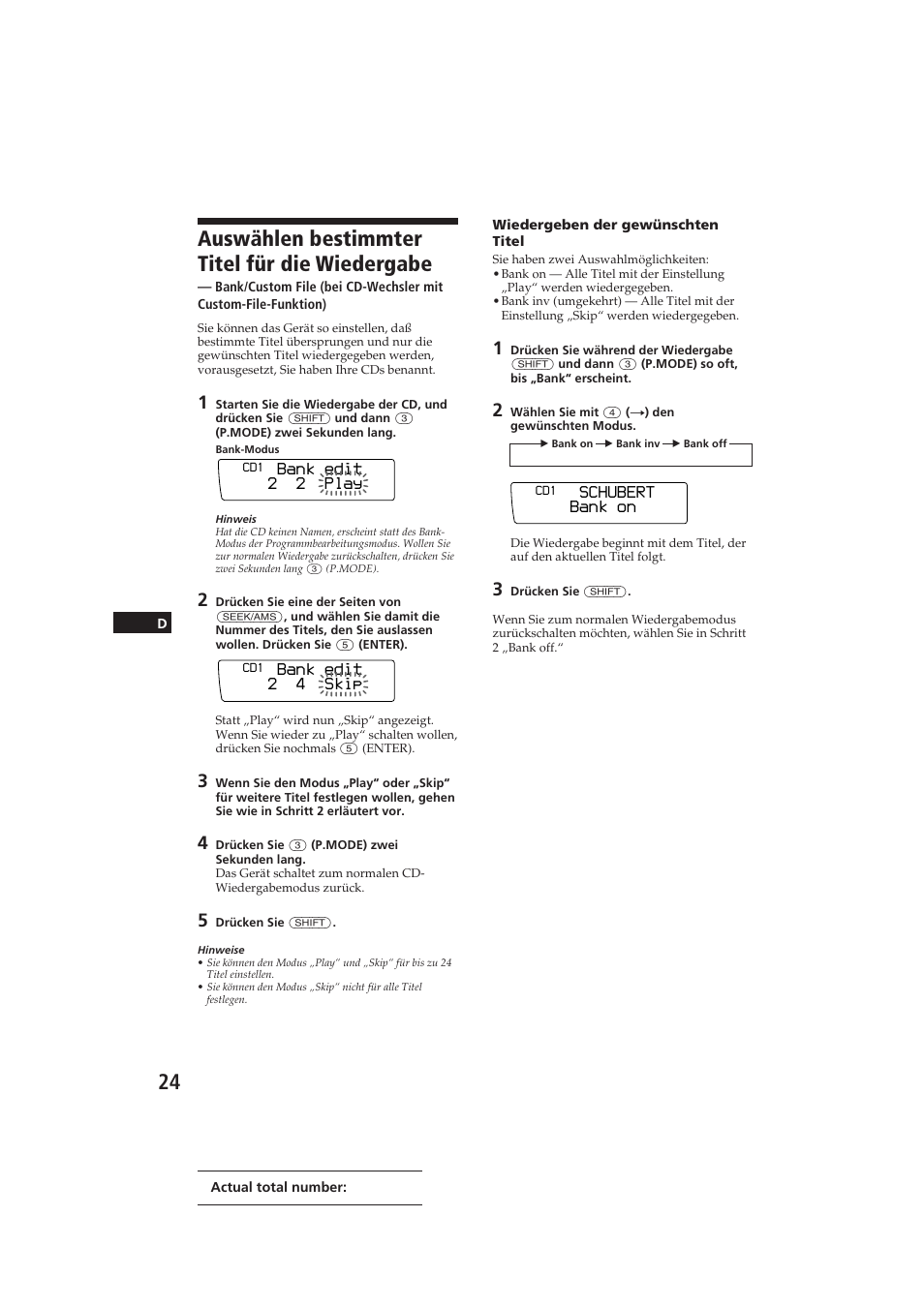 Auswählen bestimmter titel für die wiedergabe, Bank edit 2 2 play, Bank edit 2 4 skip | Schubert bank on | Sony CDX-C910RDS User Manual | Page 93 / 107