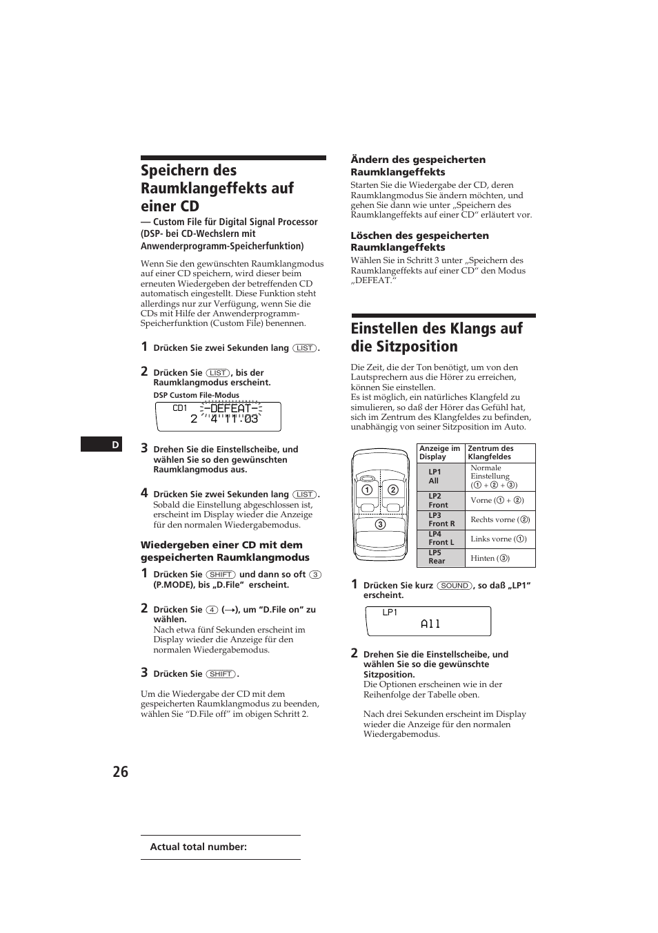 Speichern des raumklangeffekts auf einer cd, Einstellen des klangs auf die sitzposition | Sony CDX-C910RDS User Manual | Page 95 / 107