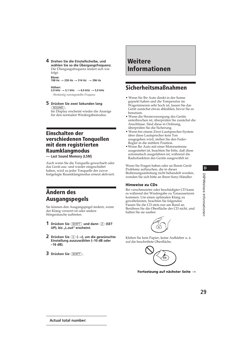 Weitere informationen, Sicherheitsmaßnahmen, Ändern des ausgangspegels | Sony CDX-C910RDS User Manual | Page 98 / 107