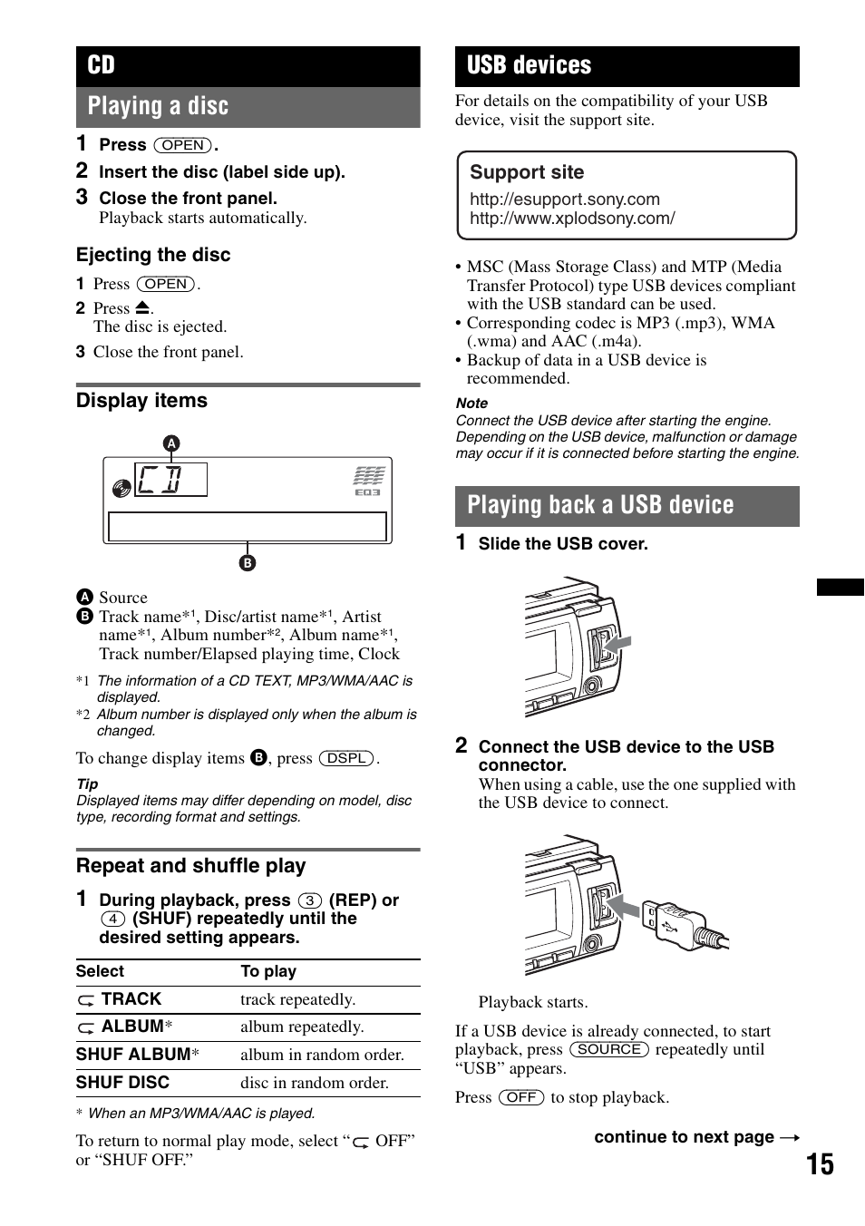 Playing a disc, Display items, Repeat and shuffle play | Usb devices, Playing back a usb device, Display items repeat and shuffle play, Cd playing a disc | Sony CDX-GT700HD User Manual | Page 15 / 56