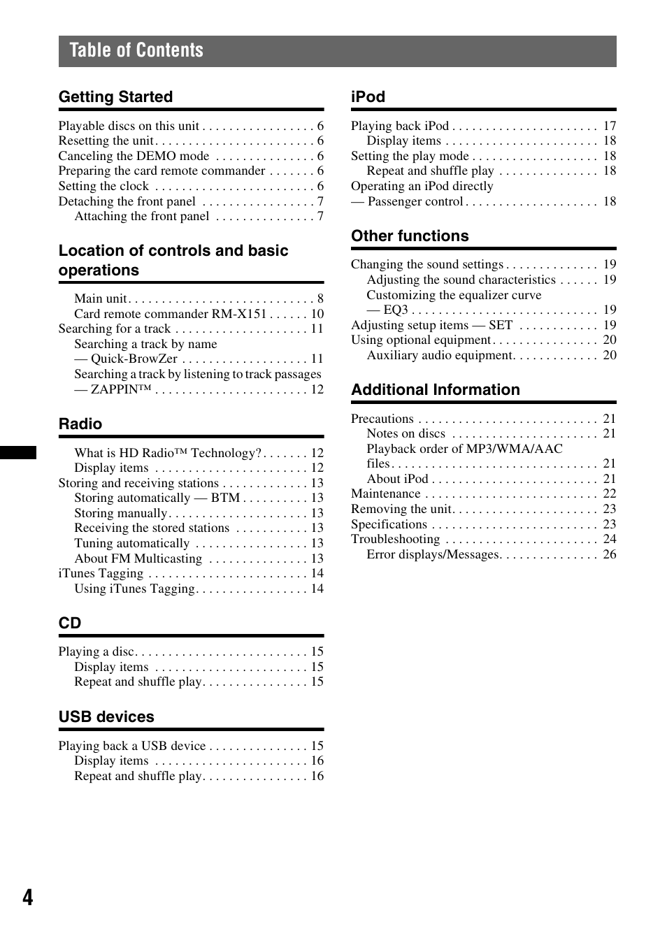 Sony CDX-GT700HD User Manual | Page 4 / 56