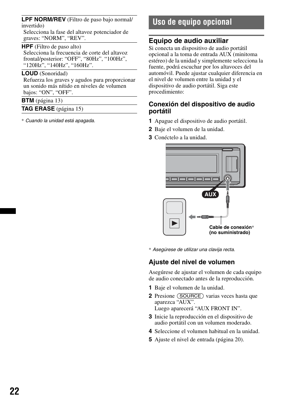 Uso de equipo opcional, Equipo de audio auxiliar | Sony CDX-GT700HD User Manual | Page 48 / 56